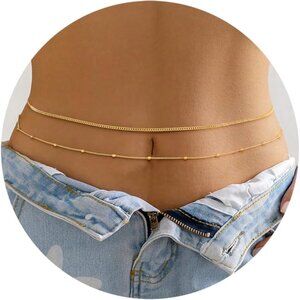 2PCS Gold Waist Chain Set Adjustable Layered Beach Belly Jewelry for Women